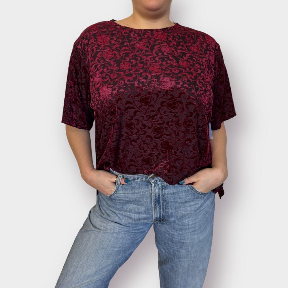 Y2K Bentley Maroon Velvet Burnout Top Size 2X